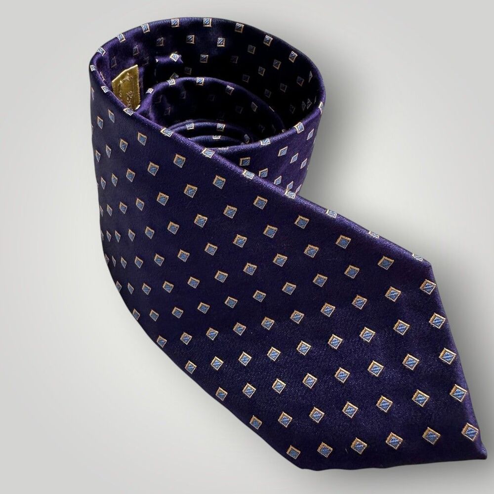 PAUL STUART Tie Navy/Blue Geometrical Silk Necktie Made in Italy NWOT
